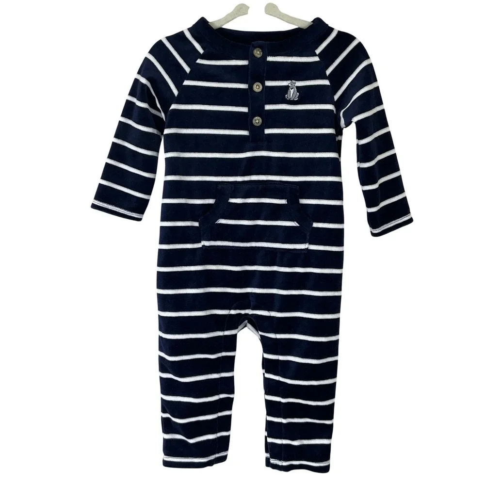 Janie‎ and Jack Navy Blue White Striped Velour Henley Romper 6-12 Months NEW